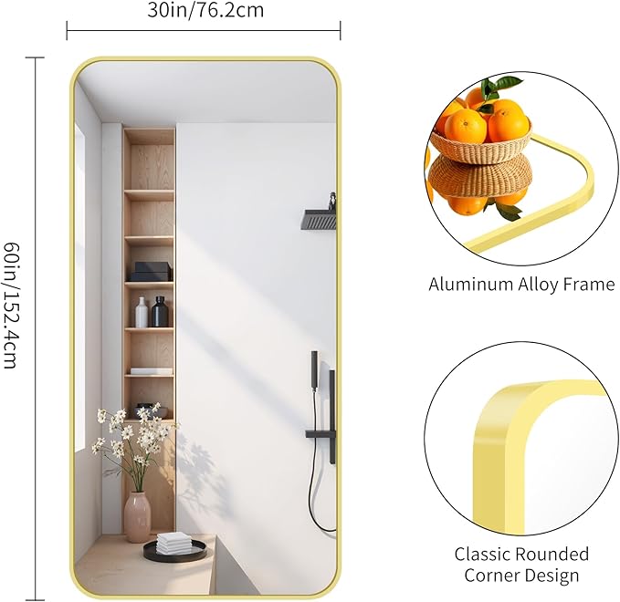 FORBATH 30x60 Inch Gold Bathroom Mirror for Over Sink, Large Rectangular Wall Mirror with Metal Frame, Rounded Corners for Bathroom, Bedroom, Entryway Decor (Horizontal or Vertical)-StrideForce Fitness