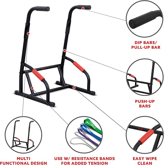 Sunny Health & Fitness Power Tower, Dip Bar, Push-Up & Pull Up Assisting Parallette Station w Optional Rock Climbing Grip Trainer-StrideForce Fitness