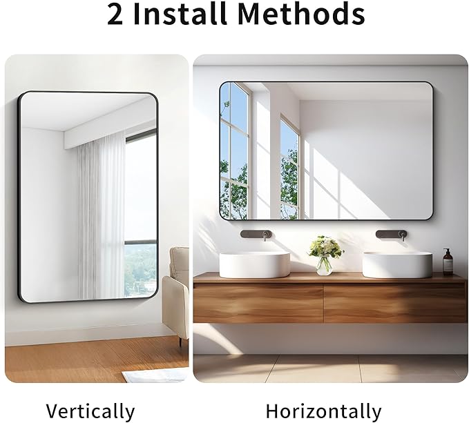 55x36 inch Bathroom Mirror,Black Rectangle Mirror,Wall Mounted Bathroom Frame Vanity Mirror with Round Corner for Bedroom Living Room, Entryway Hangs Horizontal or Vertical-StrideForce Fitness