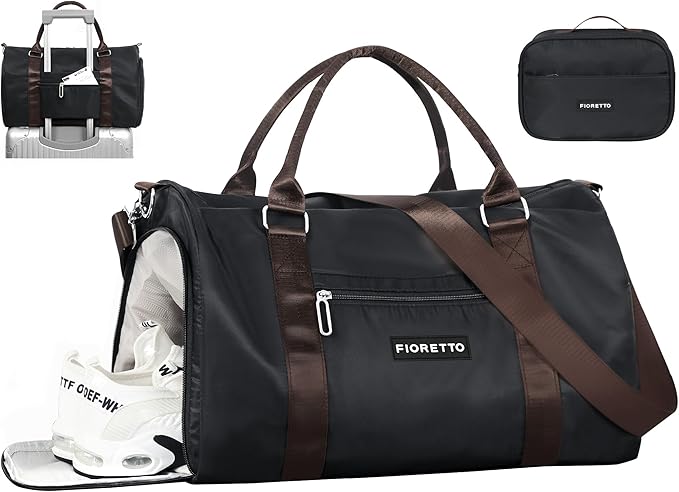 FIORETTO Womens Gym Tote Duffle Bag with Toiletry Bag, Sports Duffel Overnight Hospital Workout Carry on Bag for Girls with Wet Pocket & Shoe Compartment, Ideal for Travel, Swimming, Black & Brown-StrideForce Fitness