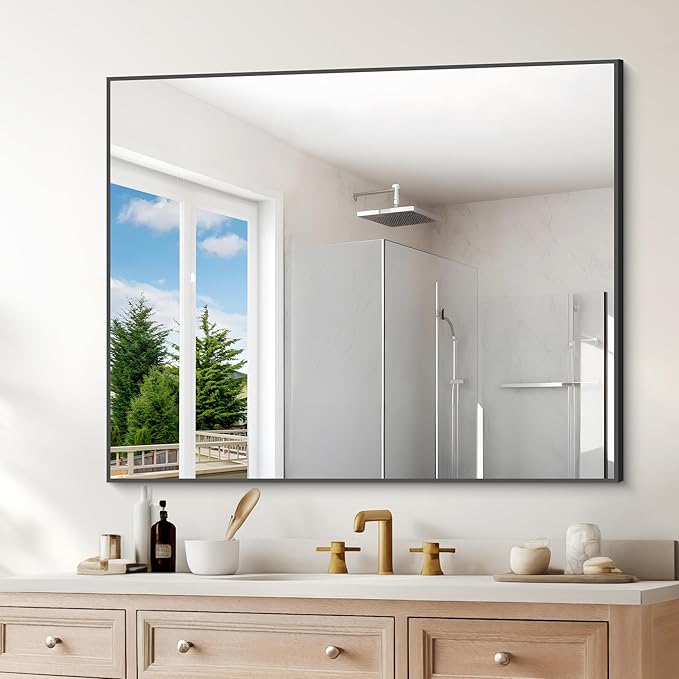 Black Bathroom Mirror for Wall, 30x36 Inch Rectangle Mirrors with Metal Frame, Modern Vanity Wall Mirror Decor for Entryway Hangs, Bathroom Living Room Horizontal or Vertical-StrideForce Fitness