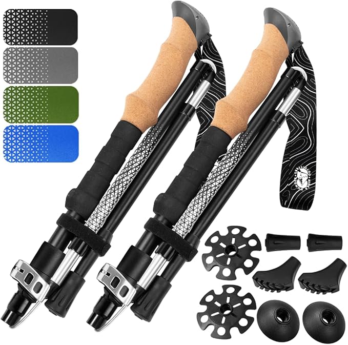 Premium Foldable Hiking Poles by USA Brand - Adjustable, Lightweight Trekking Poles Made of Aircraft Aluminum, Metal Flip Locks & Comfortable Real Cork and EVA Foam Grips-StrideForce Fitness
