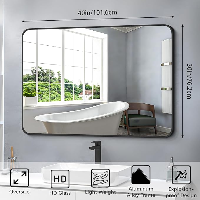 FORBATH Bathroom Mirror 30" X 40", Large Rectangular Wall Mirror, Black Metal Framed Rounded Corner Wall Mounted Mirror for Bathroom Bedroom Entryway Decor(Horizontal/Vertical)-StrideForce Fitness