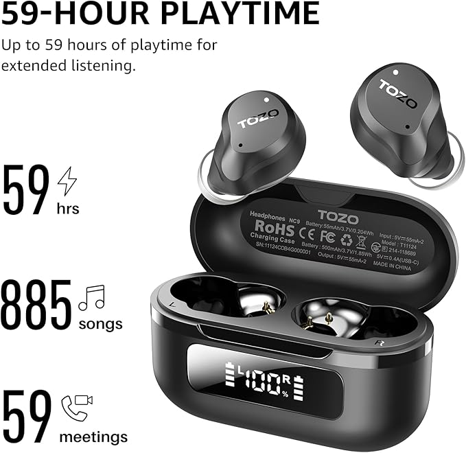 TOZO NC9 Hybrid Active Noise Cancelling Wireless Earbuds, 6 Mics ENC Clear Call, IPX8 Waterproof, in Ear Bluetooth 5.3 Headphones Stereo Bass Ear Buds 59H Playtime with LED Display 32 EQs via APP-StrideForce Fitness