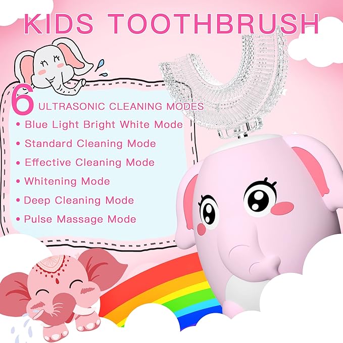 Kids Electric U Shaped Toothbrush Children Rechargeable Sonic Toothbrush with 4 Brush Heads Full Mouth 6 Cleaning Modes -(Age 8-15 Pink)