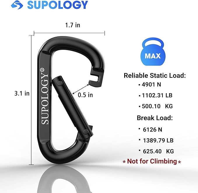 Heavy Duty Carabiner Clip, Steel Carabiners 1100lbs 3" D Shaped Spring Hook Small Clips for Hammocks, Hiking, Keychains, Outdoors and Gym, Dog Leash and Key Ring-StrideForce Fitness