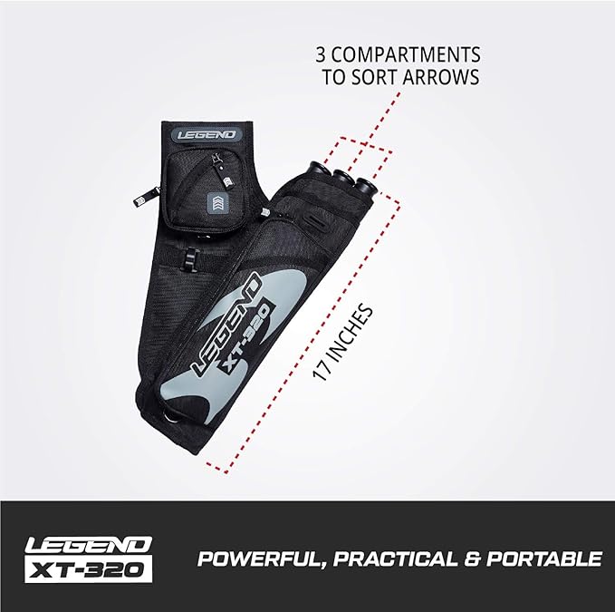 LEGEND XT320 Archery Quivers - Nylon Hip Quivers with 3 Arrow Tube Cases for Target Shooting - Adjustable Waist Belt, T-Slot, Storage Compartments for Accessories, Gear, Tools, Release Tab, Score Card-StrideForce Fitness