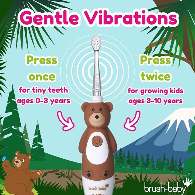 brush-baby - Kids Rechargeable Electric Toothbrush, 0-10 Years - WildOnes, Bear Design with Flashing Lights - DeepClean Bristles for Superior Clean - 2X Replacement Heads, 1x USB Cable