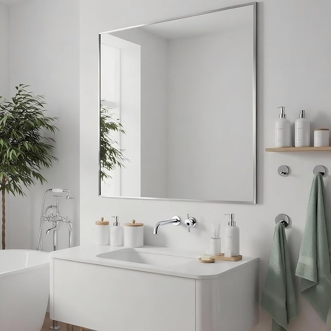30x30 Inch Nickel Bathroom Mirror for Wall, Aluminum Frame Rectangle Rectangular Vanity Mirror, Modern Large for Bedroom, Living Room, Horizontal or Vertical-StrideForce Fitness