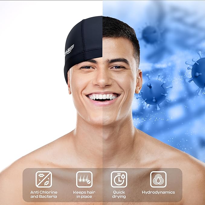 COOLMATE Fabric Swim Cap for Adult Women Men Kid 3 4 6 8 14 16, Silicone Water Resistant Layer, Cloth Swim Cap Gifts for Swimmers, Lightweight for Pool, Lap Swimming (1 pc)-StrideForce Fitness
