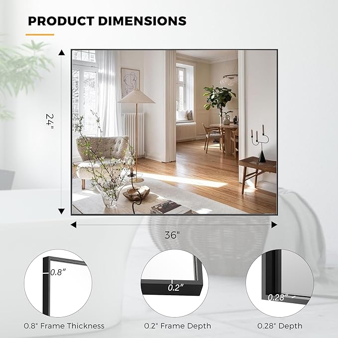 24x36 Inch Black Bathroom Mirror for Wall, Aluminum Frame Rectangle Rectangular Vanity Mirror, Modern Large for Bedroom, Living Room, Horizontal or Vertical-StrideForce Fitness