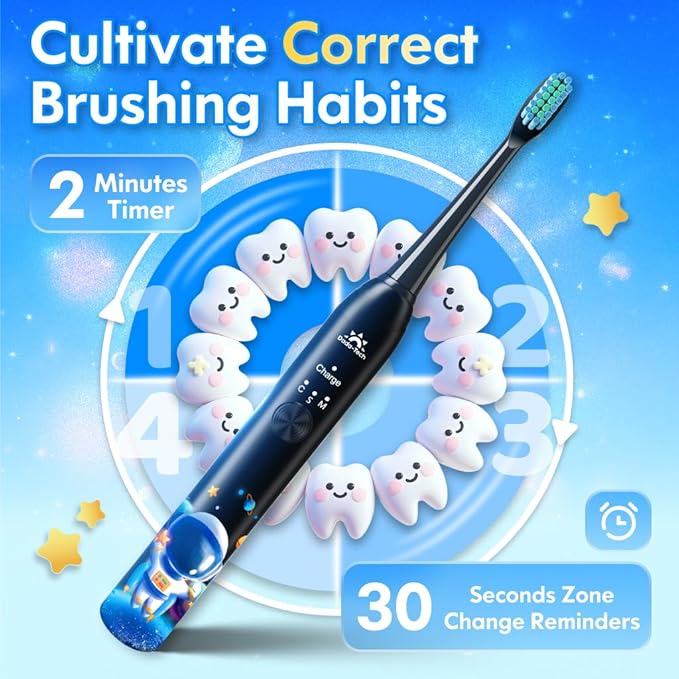 Kids Electric Toothbrush Rechargeable Age 3-5-6-12-18 Year Old, Sonic Toothbrush Kids with Timer 3 Modes 4 Vibrating Heads Habit Stickers Tooth Brush for Girls Boys and Childrens (Astronaut Black)