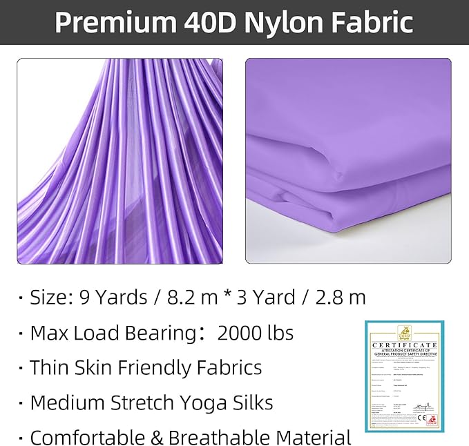 PRIOR FITNESS Aerial Silks Kit Colorful 9/15/20 Yards 40D Nylon Fabric Hammock Set With Hardware & Guide for All Levels Of Aerial Yoga Practice and Acrobatic Flying For Adults Aerial silk-StrideForce Fitness