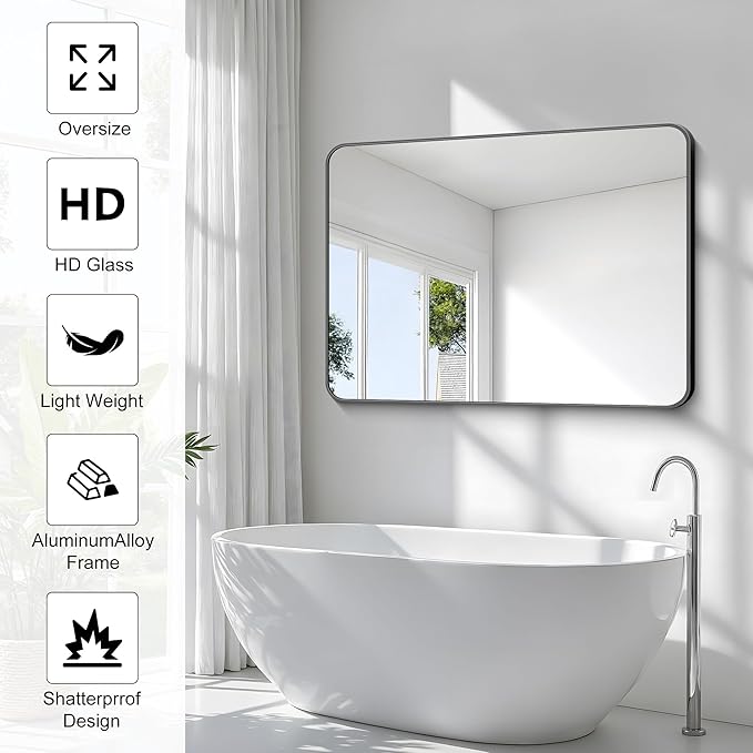 36x48 inch Bathroom Mirror,Black Rectangle Mirror,Wall Mounted Bathroom Frame Vanity Mirror with Round Corner for Bedroom Living Room, Entryway Hangs Horizontal or Vertical-StrideForce Fitness