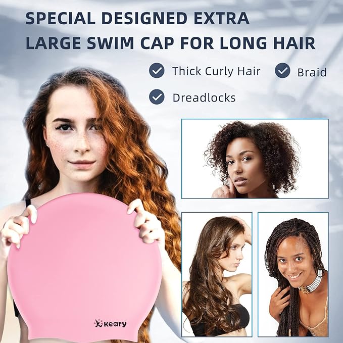 Keary Extra Large Swim Cap for Braids and Dreadlocks Extensions Weaves Long Hair, Waterproof Silicone Cover Ear Bath Pool Shower Swimming Cap for Adult Youth to Keep Hair Dry, Easy to Put On and Off-StrideForce Fitness