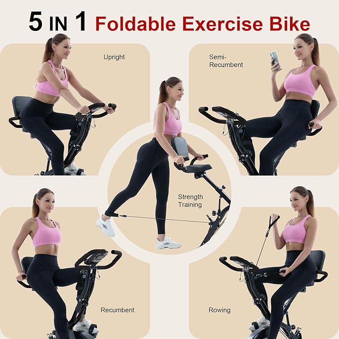 BARWING Stationary Exercise Bike for Home Workout, 5 IN 1 Foldable Indoor Cycling Bike for Seniors, 350LB Capacity, 16-Level Magnetic Resistance, Seat Backrest Adjustments-StrideForce Fitness