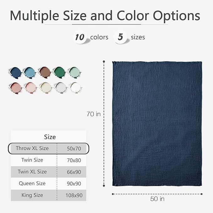 Carriediosa 100% Cotton Muslin Throw Blanket 50" X 70" Throw XL Size，4-Layers Summer Gauze Throws for Bed Couch，Soft Lightweight Breathable Linen Blankets Bedspread for Adults All Season，Navy Blue-StrideForce Fitness