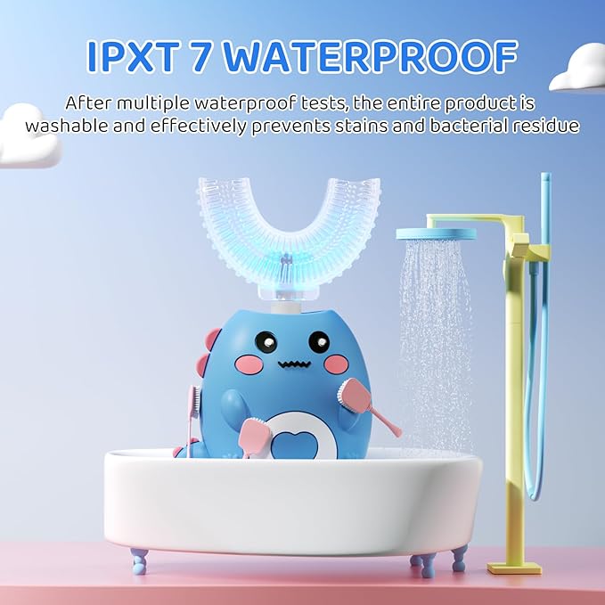 Kids U Shaped Electric Toothbrush, with 3 Cleaning Modes, with 4 Brush Heads, 360° Sonic Automatic Toothbrush, IPX7 Waterproof Cartoon Dinosaur Design (Ages 2-12)