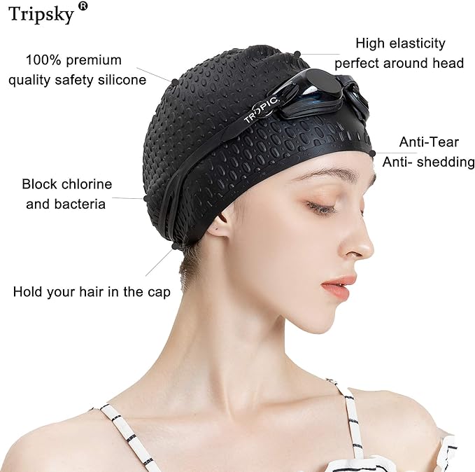 Tripsky Silicone Swim Cap,Comfortable Bathing Cap Ideal for Curly Short Medium Long Hair, Swimming Cap for Women and Men, Shower Caps Keep Hairstyle Unchanged…-StrideForce Fitness