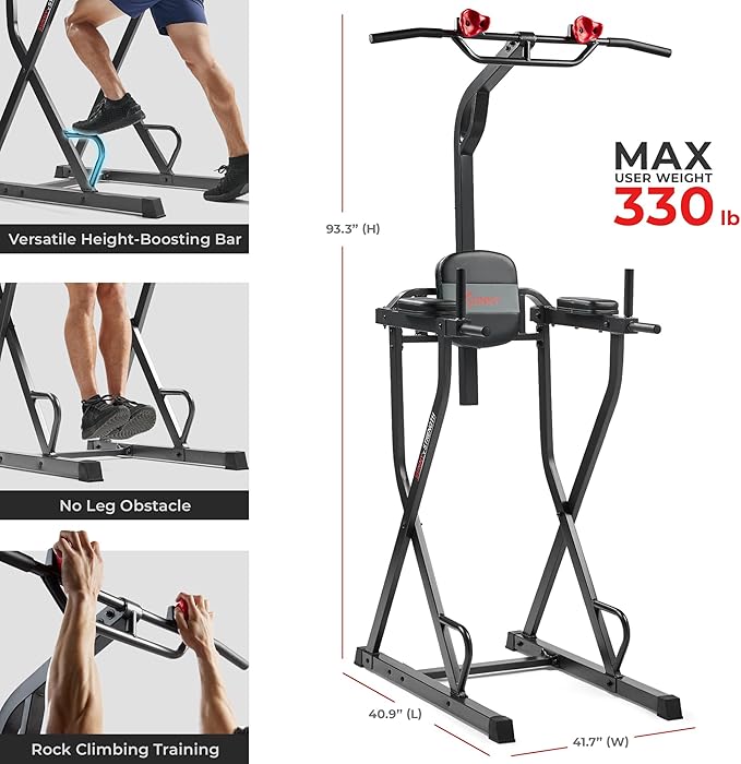 Sunny Health & Fitness Power Tower, Dip Bar, Push-Up & Pull Up Assisting Parallette Station w Optional Rock Climbing Grip Trainer-StrideForce Fitness