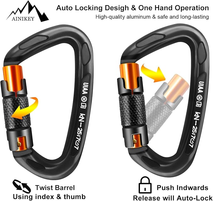 Climbing Carabiner Clips 25kN Auto Locking Carabiner, Professional Heavy Duty Large Locking Carabiner Clips for Rock/Ice Climbing Rappelling Rescue Swing etc, D Shaped, Large Size-StrideForce Fitness