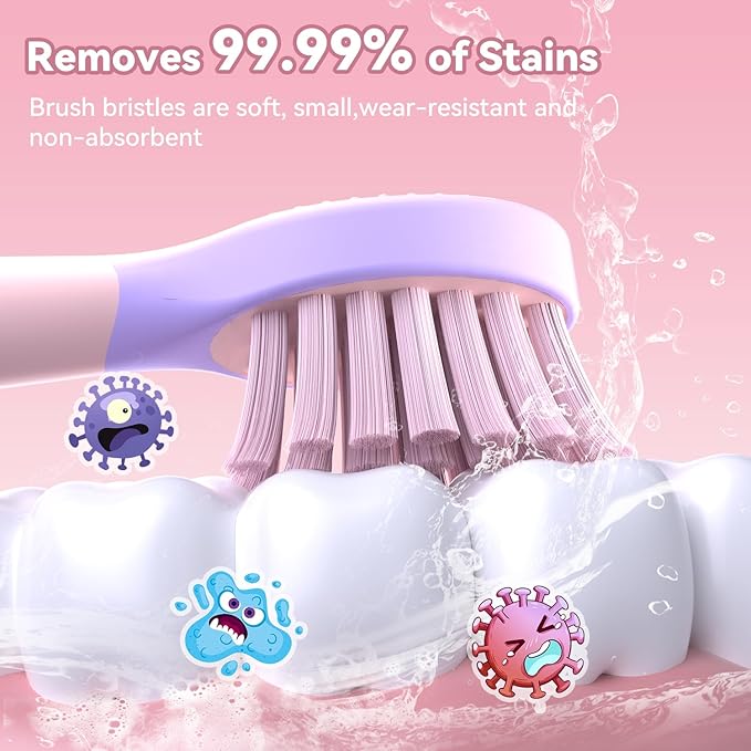 JTF Kids Electric Toothbrush Rechargeable: Sonic Tooth Brush with Smart Timer 5 Brushing Modes 4 Soft Brush Heads IPX7 Waterproof and DIY Sticker, Portable Pink Children Toothbrushes for Girl, Ages 3+