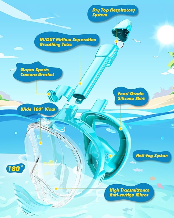 QingSong Kids Snorkel Mask Full Face, Snorkeling Set with Camera Mount, Foldable 180 Degree Panoramic View Snorkeling Gear Anti-Fog Anti-Leak-StrideForce Fitness