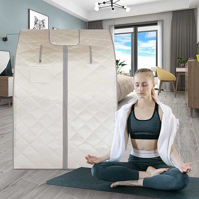 Smartmak Far Infrared Sauna, Full Body One Person Portable SPA Set with Time & Tempreture Remote Control, Heating Foot Pad and Foldable Reinforced Chair (L 27.6’’ x W 31.5’’ x H 37.8’’)- Beige-StrideForce Fitness