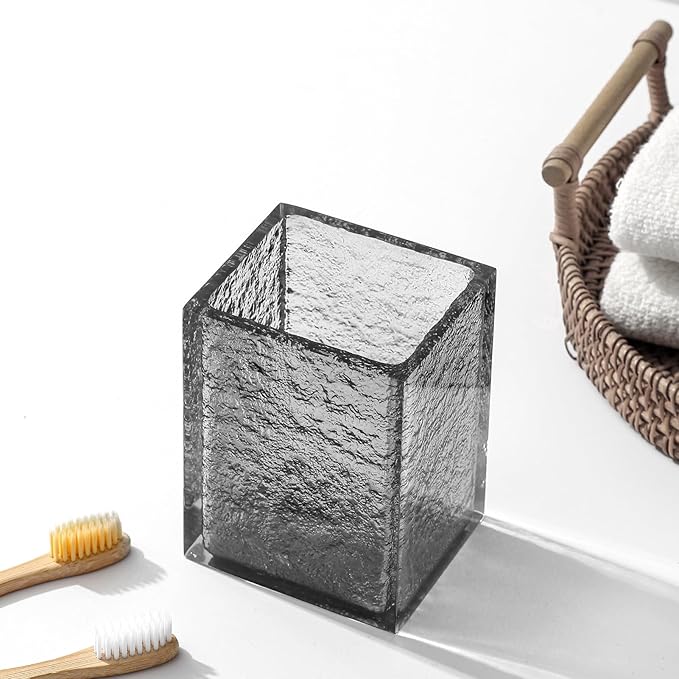 Bathroom Accessories Set, 4Pcs Hand Soap Dispenser and Toothbrush Holder Set, Tumbler Mouthwash Cup, Vanity Tray for Modern Home Decor Bathroom Countertop Organizer (Gray)