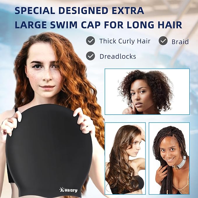 Keary Extra Large Swim Cap for Braids and Dreadlocks Extensions Weaves Long Hair, Waterproof Silicone Cover Ear Bath Pool Shower Swimming Cap for Adult Youth to Keep Hair Dry, Easy to Put On and Off-StrideForce Fitness