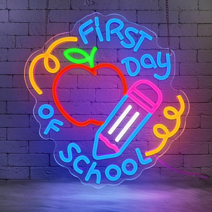 First Day of School Neon Sign for Classroom,Classroom Neon Sign,Colorful LED Back to School Wall Decor,Apple and Pencil Neon Light Sign for Classroom,Preschool,Photo Backdrop,Kids Room-StrideForce Fitness