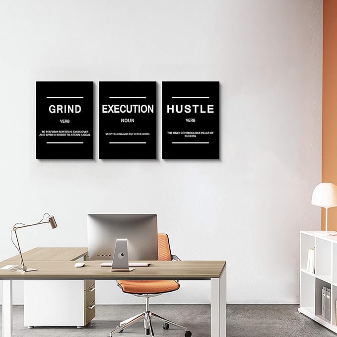 Framed Canvas Wall Art Success Quote, Office Wall Art, Black Large Poster, Positive Motivational Set of 3 Prints, Execute Failure Definition, Inspirational Print (B-3pcs,12x16inchx3pcs)-StrideForce Fitness