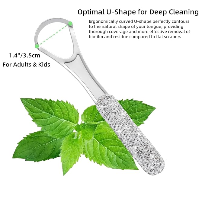 Tongue Scraper Bling Metal Tongue Cleaner for Adults & Kids Diamond Stainless Steel Tongue Scrubber for Oral Care & Hygiene(White)