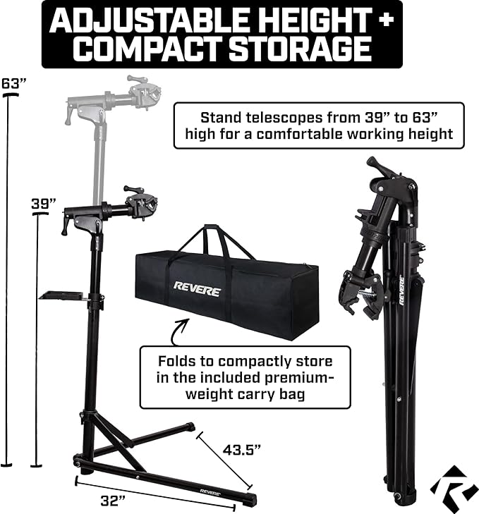 Revere Bike Repair Stand & Storage Bag, Telescoping Arm, Rotating Clamp, Magnetic Tool Tray, and Adjustable Handlebar Rod - Heavy Duty, Sturdy, Adjustable-StrideForce Fitness