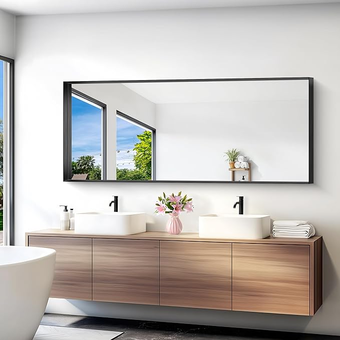 Black Bathroom Mirror, 72x30 Inch Rectangular Deep Frame Mirror, Large Wall Mounted Bathroom Vanity Mirror Over Sink for Bedroom,Restroom, Living Room, Hangs Vertically or Horizontally-StrideForce Fitness