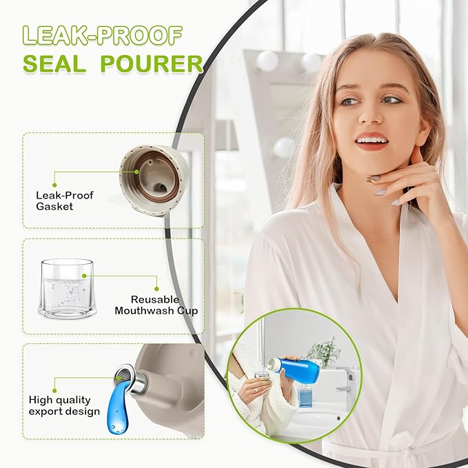 Glass Mouthwash Dispenser for Bathroom, 8.8 oz Refillable Mouthwash Container With Lid Cup, Small Clear Mouthwash Bottle for Countertop