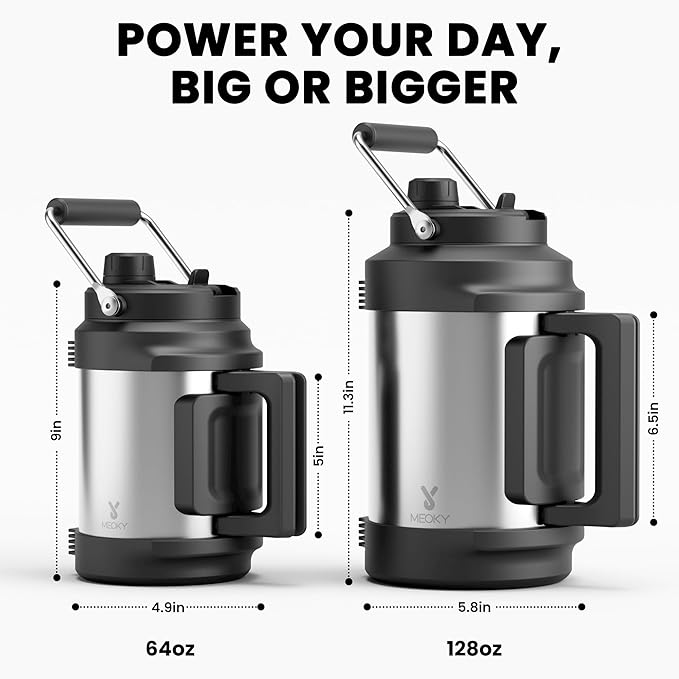 Meoky 1 Gallon Insulated Water Bottle for Travel 128 oz Triple Wall Vacuum Stainless Steel Water Jug - Top and Side Handles, Cold for 48 Hrs, 2-in-1 Straw and Spout Lid, Leak Proof for Work (Silver)-StrideForce Fitness