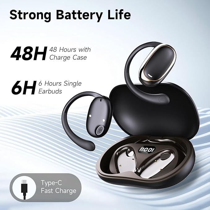 IFECCO Open Ear Headphones Bluetooth 5.4 - Wireless Open Ear Earbuds with Ddigital Display Charging Case,48H Playtime Premium Sound Sport Conduction Headphones for Running, Cycling Driving-StrideForce Fitness