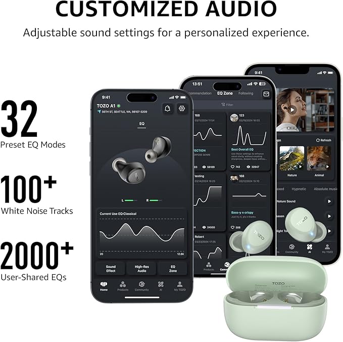 TOZO A1 Wireless Earbuds Bluetooth 5.3 Light Weight in Ear IPX5 Waterproof Headphones 2 Mic for AI Calls, Immersive Premium Sound Bass Headset with Charging Case, 32 Presets EQ Customization via App-StrideForce Fitness