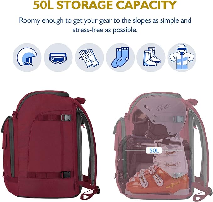 Unigear Ski Boot Bag, 50L Ski Boot Travel Backpack for Ski Helmet, Goggles, Gloves, Skis, Snowboard & Accessories (Red)-StrideForce Fitness