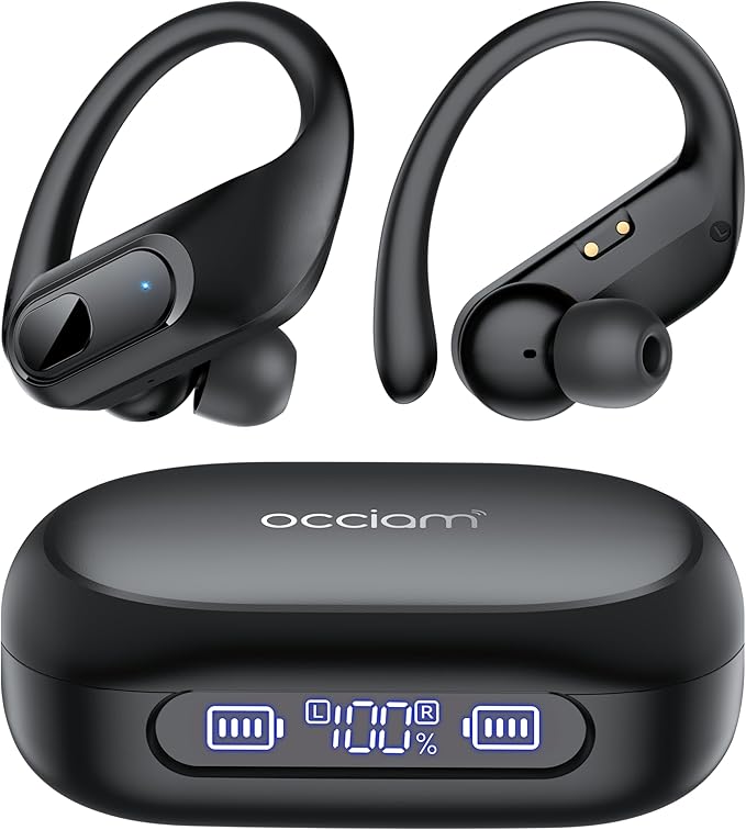 occiam Active Noise Cancelling Ear Buds Wireless Earbuds Bluetooth Headphones 96Hrs Playback LED Display Over-Ear Waterproof Earphones with Earhooks Mics Clear Call for Sport/Running/Workout Black-StrideForce Fitness
