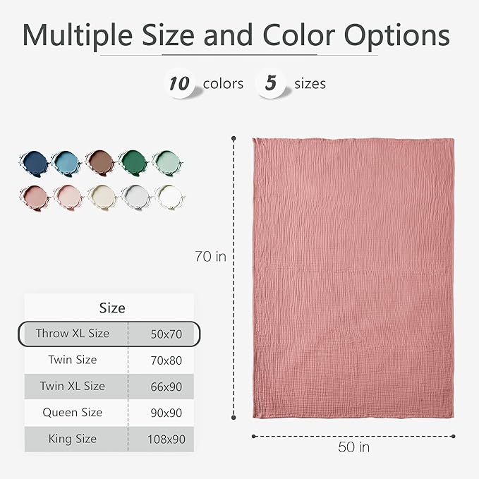 Carriediosa 100% Cotton Muslin Throw Blanket 50" X 70" Throw XL Size，4-Layers Summer Gauze Throws for Bed Couch，Soft Lightweight Breathable Linen Blankets Bedspread for Adults All Season，Mauve-StrideForce Fitness