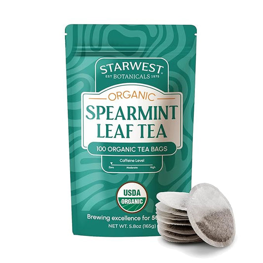 Starwest Botanicals Organic Spearmint Leaf Tea - Caffeine Free Herbal Tea, Promotes Calm, USDA Organic Spearmint Leaf, String Free Sachets, Non GMO - Bulk Pack, 100 Tea Bags-StrideForce Fitness