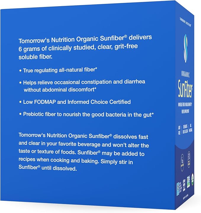 Tomorrow's Nutrition, Organic Sunfiber Stick Packs, Prebiotic Fiber Supplement for Digestive Health, Low FODMAP, Gluten-Free, 30 Packets, Blue-StrideForce Fitness