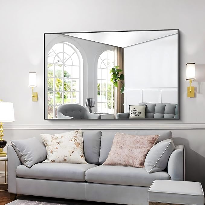 Black Bathroom Mirror for Wall, 60x36 Inch Rectangle Mirrors with Metal Frame, Modern Vanity Wall Mirror Decor for Entryway Hangs, Bathroom Living Room Horizontal or Vertical-StrideForce Fitness