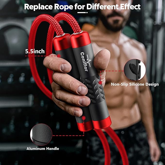 Weighted Jump Rope, 1LB Tangle-Free Ball Bearing Rapid Speed Skipping Rope for Men Women, Adjustable 9mm Cotton & PVC Rope with Alum Handle for Boxing MMA Weight-Loss Athletic Workout Fitness-StrideForce Fitness
