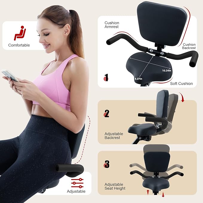 BARWING Stationary Exercise Bike for Home Workout, 5 IN 1 Foldable Indoor Cycling Bike for Seniors, 350LB Capacity, 16-Level Magnetic Resistance, Seat Backrest Adjustments-StrideForce Fitness