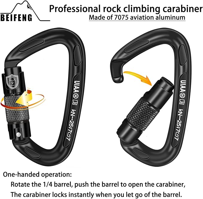 BEIFENG 25KN Auto Locking Carabiner - UIAA Certified Heavy Duty Climbing Carabiners for Rock Climbing, Camping, Rappelling, Hunting, Rescue Equipment - Professional Carabiner Clips (Black)-StrideForce Fitness