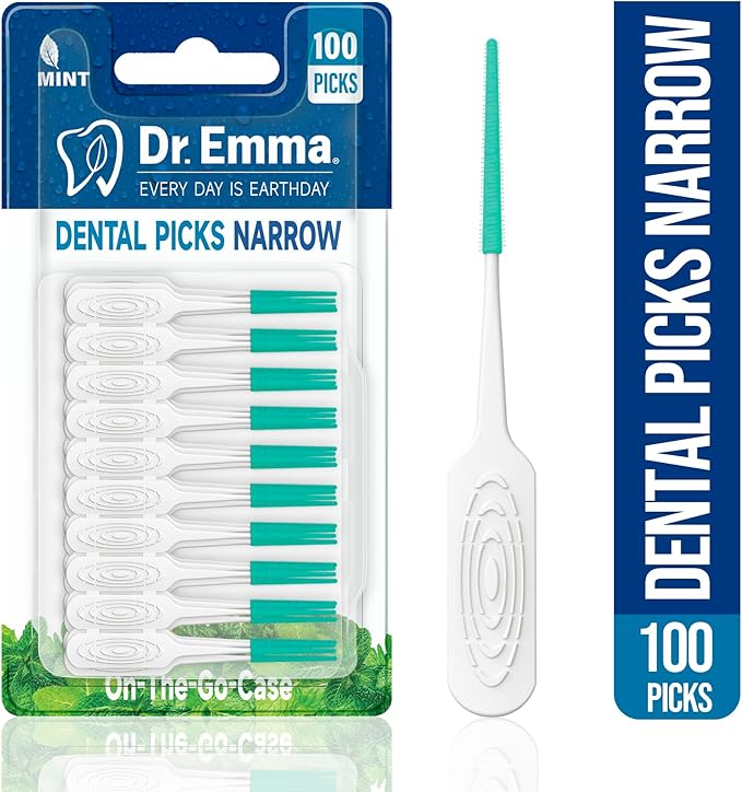 Dr. Emma Dental Picks Narrow Space Mint Soft Rubberized Tooth Picks Tight Floss Pick Easy to Use Brush Picks for Teeth Cleaning and Gum Health 100Ct/Pack, 2 Pack(200Ct)