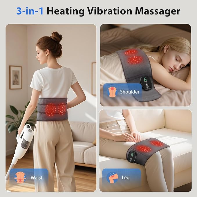 Lower Back Massager with Heat, Heating Pad for Back, Stomach Heating Pad, Waist Belt Wrap with Heat Vibration 3 Levels Adjustable, Touchscreen Control, Adjustable Size, Gifts for Dad Mom (Grey)-StrideForce Fitness
